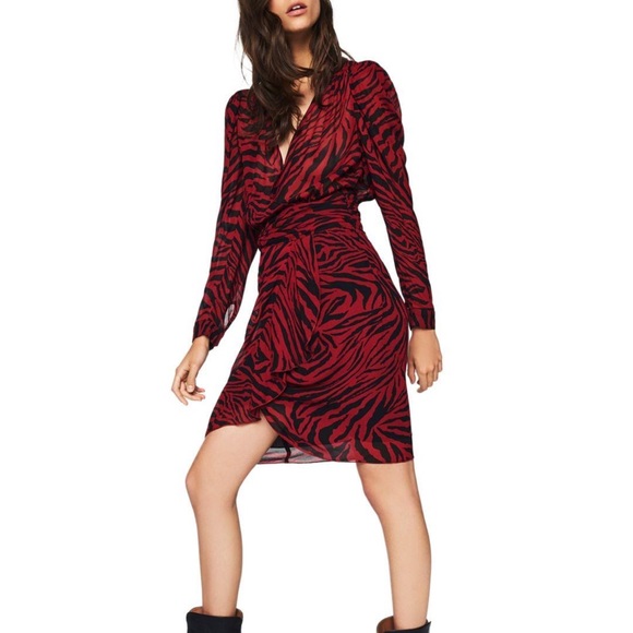 New Ba&sh Women's Red Saphir Wrap-effect Tiger-print Georgette Dress Small - Picture 1 of 13